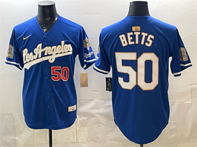 Men's Los Angeles Dodgers #50 Mookie Betts Royal 2026 Gold Collection 9x & B2B Champs Patch Stitched Baseball Jersey Men's Los Angeles Dodgers #50 Mookie Betts Royal 2026 Gold Collection 9x & B2B Champs Patch Stitched Baseball Jersey